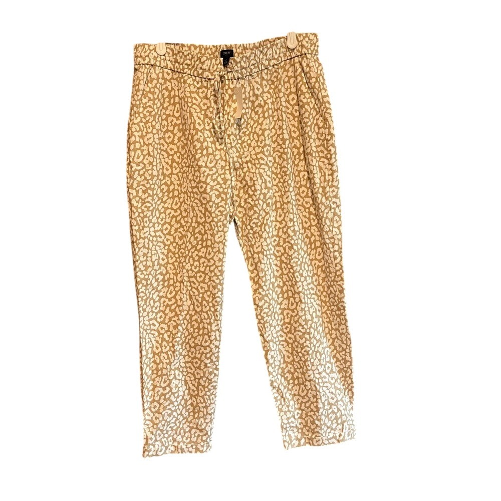 J. Crew Leopard‎ Print Linen Blend Pull On Pants Tan White AW375 Womens 12 NWT